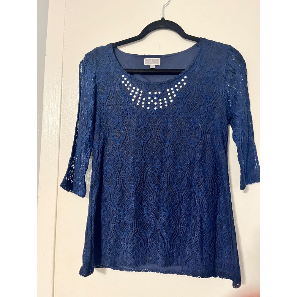 JM Collection Navy Blue Lace Embellished Scoop Neck 3/4‎ Sleeve Blouse Womens M
